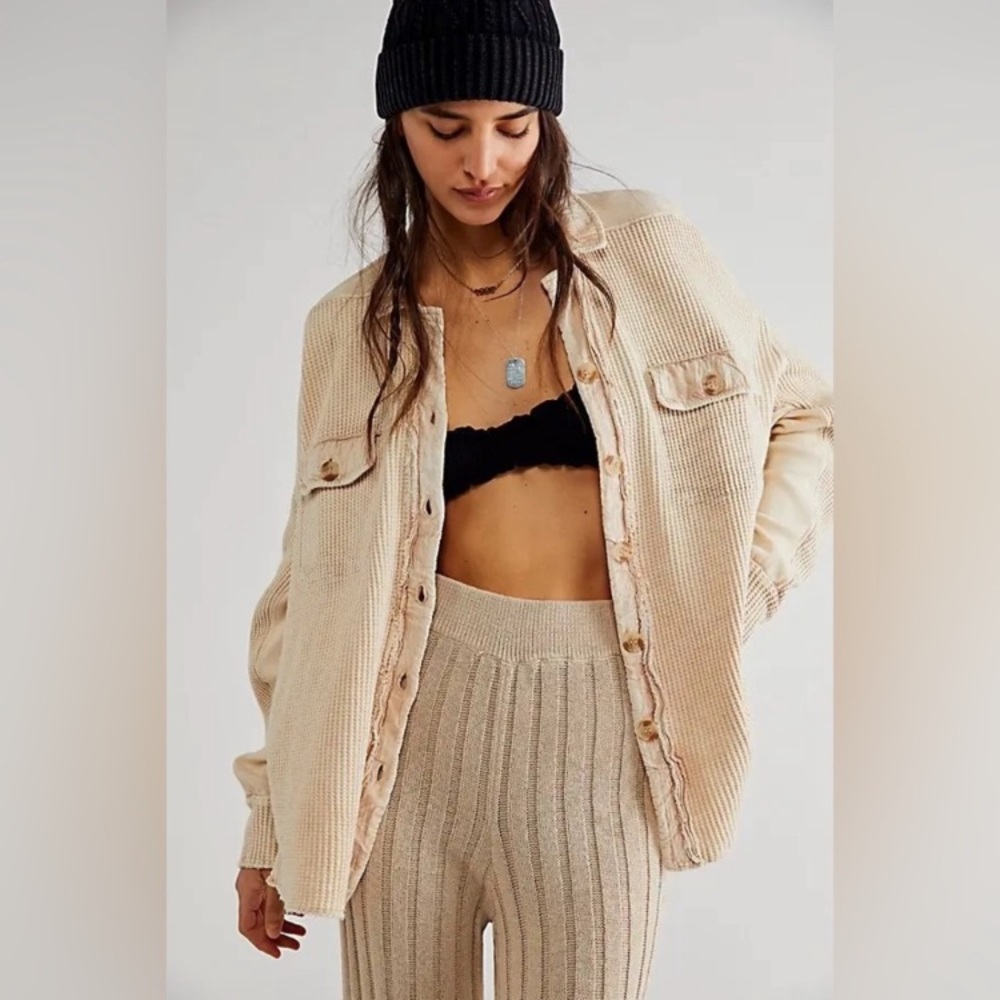 Free People Scout Waffle Knit Jacket in Sand